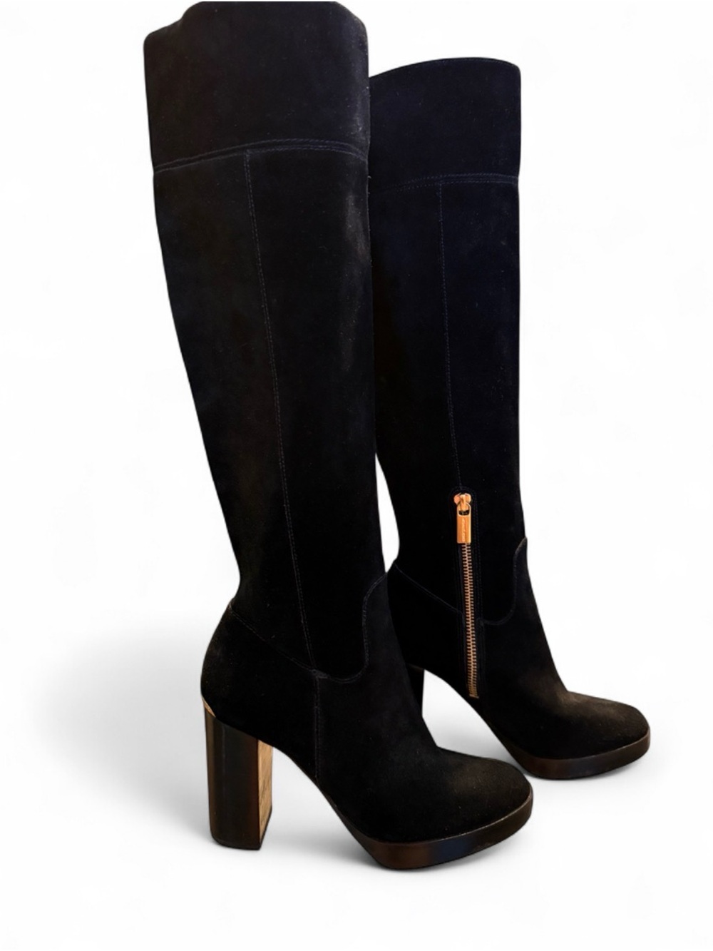 Michael Kors Black Suede Knee-High Platform Block Heel Boots